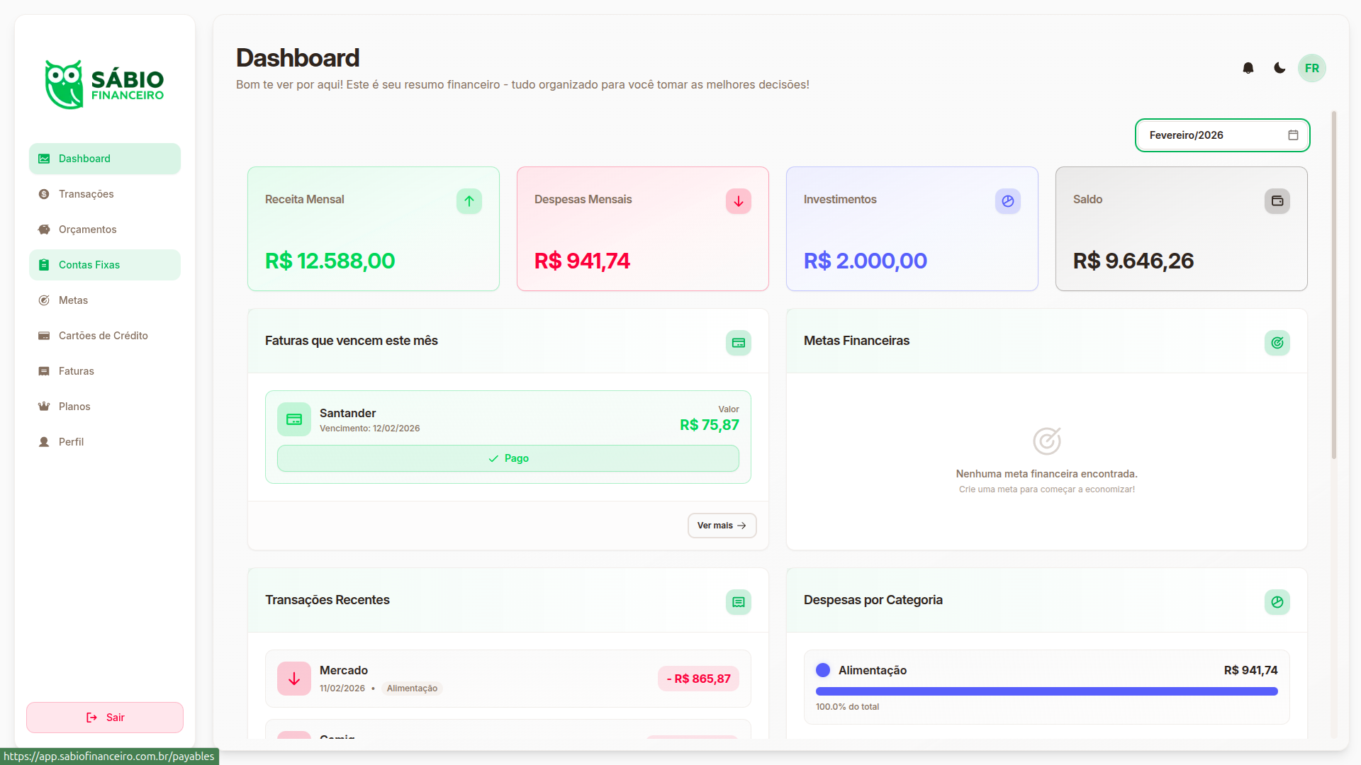 Dashboard do Sábio Financeiro com gráfico de gastos por categoria